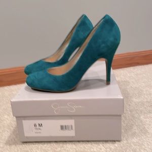 Green suede heels